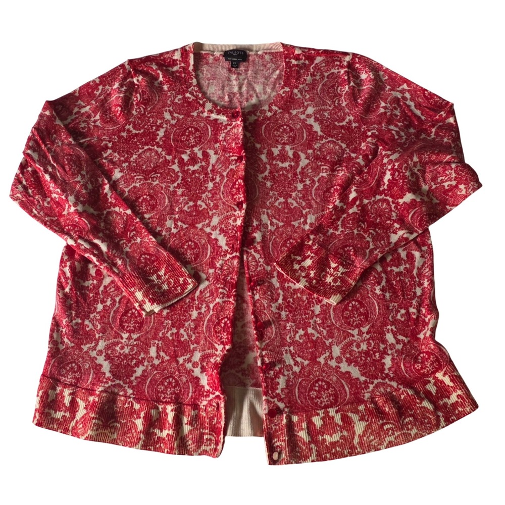 Talbots Woman Merino Wool Paisley Cardigan Sweater 2X Red and Cream Classic Cut